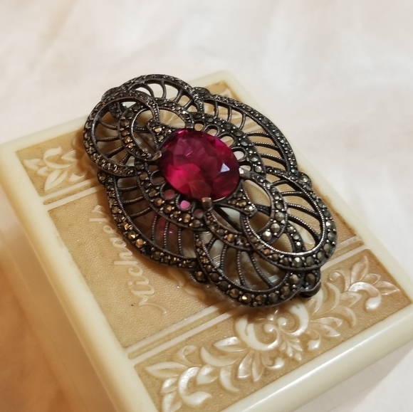 Art Deco 1930s Synthetic Ruby Marcasite Brooch Sterling Silver - Picture 2 of 5